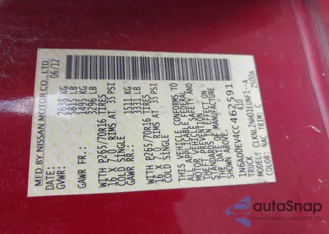 2012 Nissan Frontier Sv from USA, damaged, VIN 1N6AD0EV4CC462591